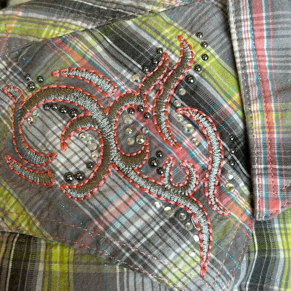 Wrangler Rock 47 snap western shirt steer yoke gray plaid bedazzle shoulder back - Picture 16 of 16